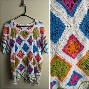 Vintage y2k style 2000s hot pink white lime green knit crochet top swim cover